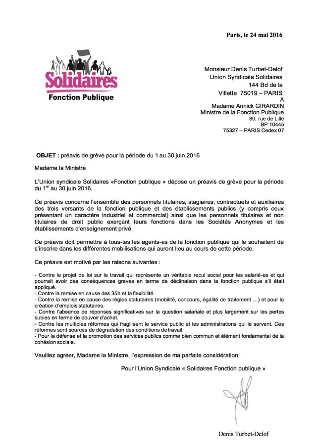 préavis de grève pour la période du 1 au 30 juin 2016
