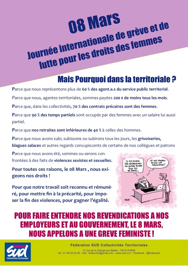 POUR FAIRE ENTENDRE NOS REVENDICATIONS A NOS EMPLOYEURS ET AU GOUVERNEMENT, LE 8 MARS, NOUS APPELONS A UNE GREVE FEMINISTE !
