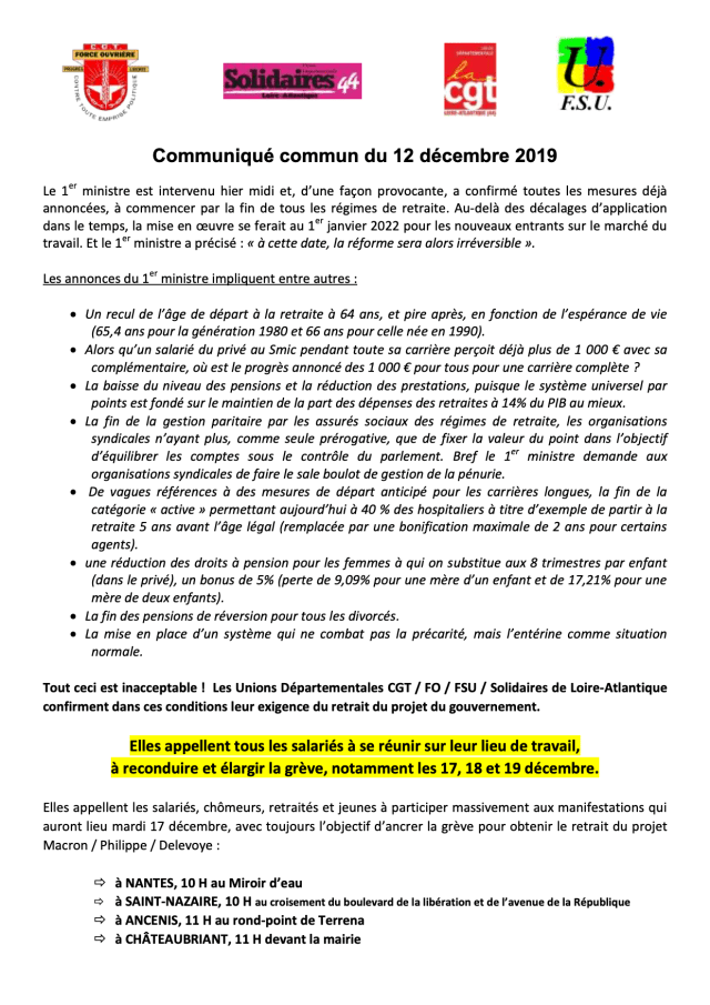 Manifestation mardi 17 décembre