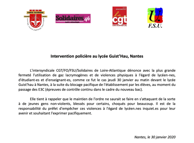 Intervention policière au lycée Guist’Hau, Nantes