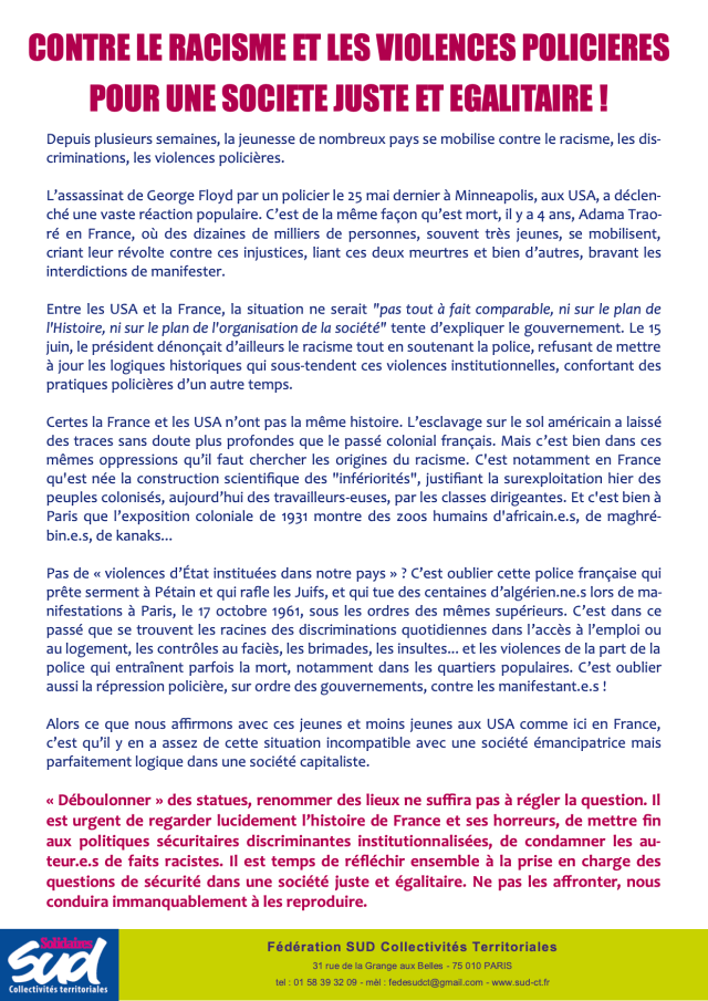 CONTRE LE RACISME ET LES VIOLENCES POLICIERES POUR UNE SOCIETE JUSTE ET EGALITAIRE !