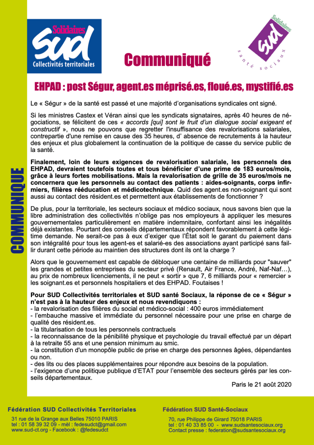  Pour SUD Collectivités territoriales et SUD santé Sociaux, la réponse de ce « Ségur » n’est pas à la hauteur des enjeux