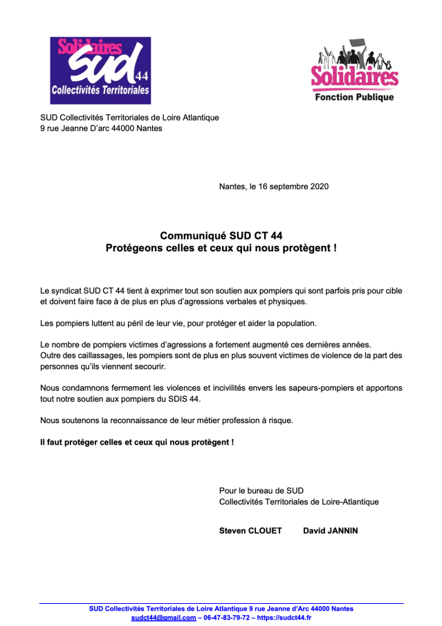 Protégeons celles et ceux qui nous protègent ! soutien aux pompiers du SDIS 44