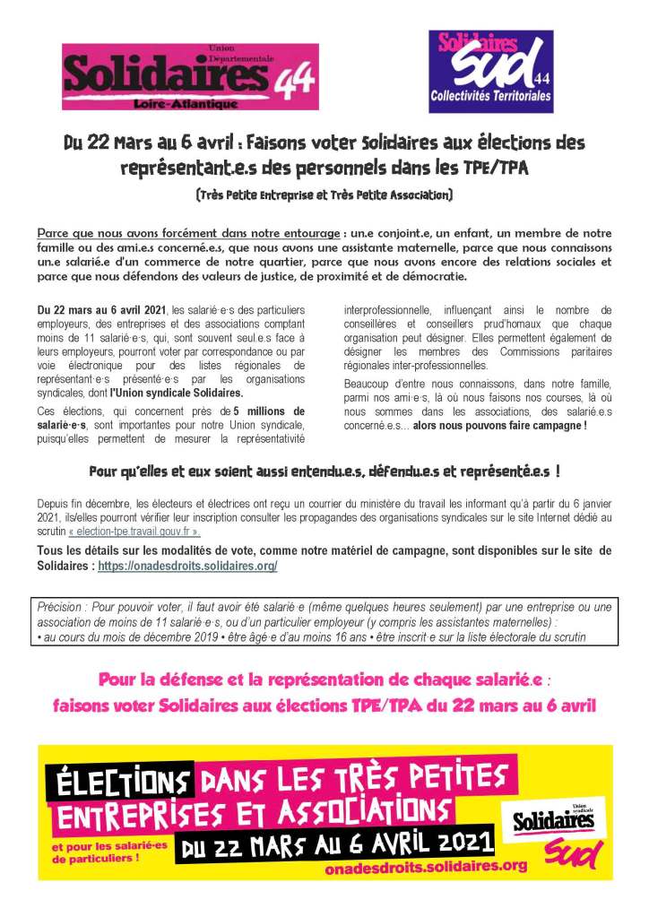 Du 22 Mars au 6 avril : Faisons voter Solidaires aux élections des représentant.e.s des personnels dans les TPE/TPA (Très Petite Entreprise et Très Petite Association)