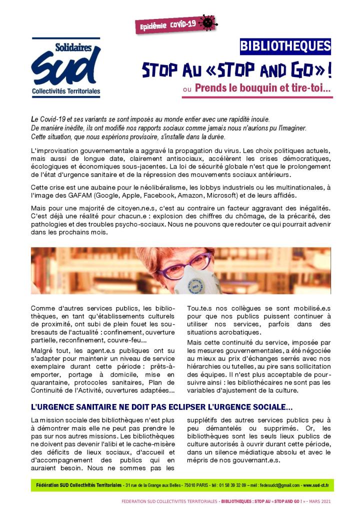 L'URGENCE SANITAIRE NE DOIT PAS ECLIPSER L'URGENCE SOCIALE…
La mission sociale des bibliothèques n'est plus à démontrer mais elle ne peut pas prendre le pas sur nos autres missions. Les bibliothèques ne doivent pas devenir l'alibi et le cache-misère des déficits de lieux sociaux, d'accueil et d’accompagnement des publics qui en auraient besoin. Nous ne sommes pas les supplétifs des autres services publics peu à peu démantelés ou supprimés. Or, les bibliothèques sont les seuls lieux publics de culture autorisés à ouvrir durant cette période, dans un silence médiatique absolu et avec le mépris de nos gouvernant.e.s.
