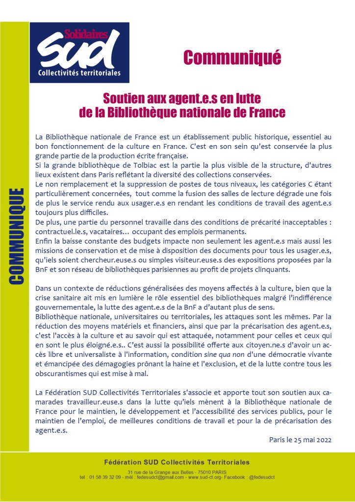 Soutien aux Agent.es en lutte de la Bibliothèque nationale de France