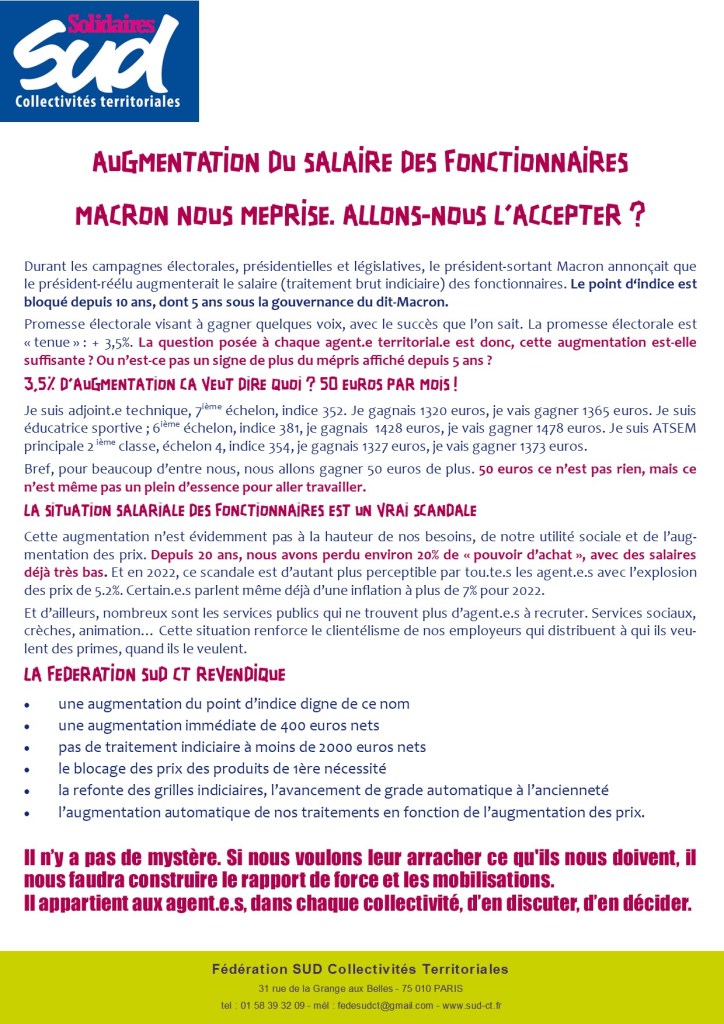 AUGMENTATION DU SALAIRE DES FONCTIONNAIRES
MACRON NOUS MEPRISE. ALLONS-NOUS L’ACCEPTER ?