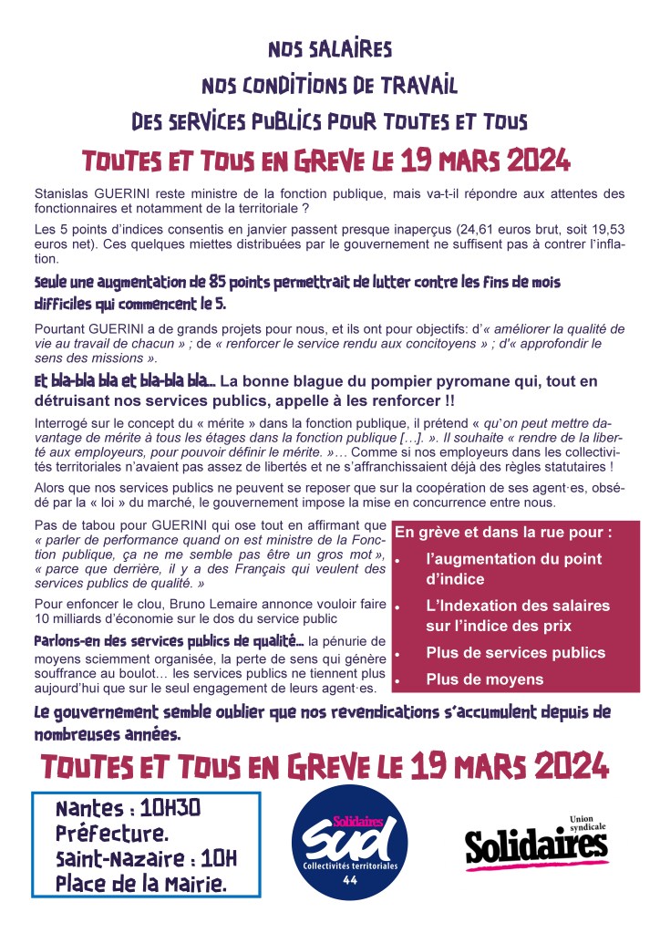 Toutes et tous en grève le 19 mars !