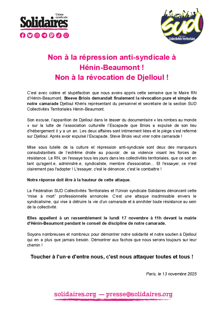 Non à la répression anti-syndicale à Hénin-Beaumont !